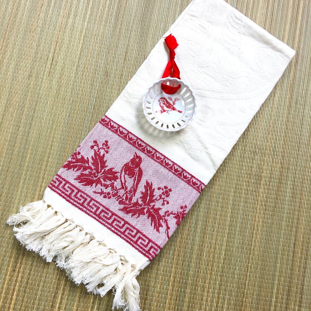 Christmas Holiday Bird Hand Towel and Ornament Red White